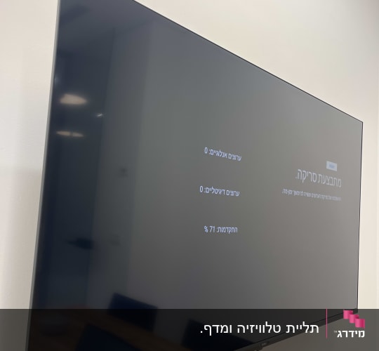 מסך טלוויזיה עם טקסט בעברית בחדר ישיבות
